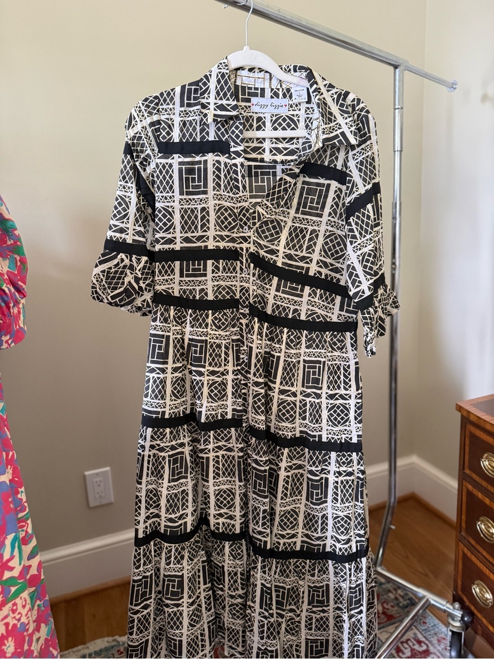 Button-Front Black & White Geometric Midi Dress